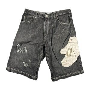 Raw Blue Mens Denim Shorts 38 Sneaker Patch Applique Hip Hop Y2K Streetwear 13"